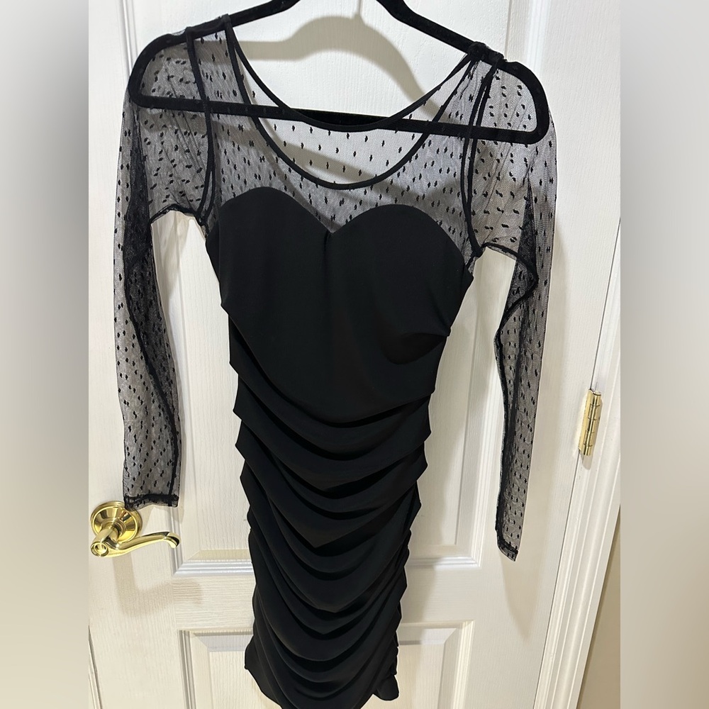 Express Black Cocktail Dress with Sheer Polka Dot Sleeves & Sweetheart Neck